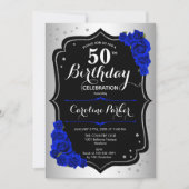 Elegant Zilver Koninklijk Blauw Foto 50ste Verjaar Kaart (Voorkant)