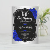 Elegant Zilver Koninklijk Blauw Foto 50ste Verjaar Kaart (Staand voorkant)