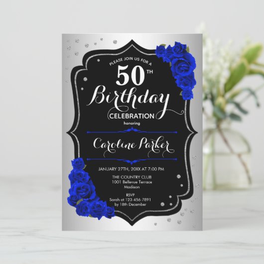 Elegant Zilver Koninklijk Blauw Foto 50ste Verjaar Kaart (Staand voorkant)