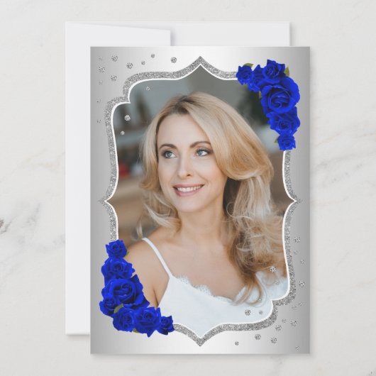 Elegant Zilver Koninklijk Blauw Foto 50ste Verjaar Kaart (Achterkant)