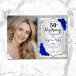 Elegant Zilver Koninklijk Blauw Foto 50ste Verjaar Kaart<br><div class="desc">Elegante bloemenvrouwelijke 50e verjaardagsuitnodiging met uw foto. Glam ontwerp met faux glitter zilver. Kenmerken strepen,  koningsblauwe rozen,  script lettertype en confetti. Perfect voor een stijlvol volwassen feestje. Personaliseer met je eigen gegevens. Kan voor om het even welke leeftijd worden aangepast! Gedrukte Zazzle-uitnodigingen of direct download digitale afdrukbare sjabloon.</div>