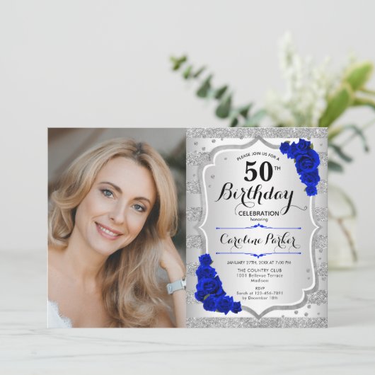 Elegant Zilver Koninklijk Blauw Foto 50ste Verjaar Kaart (Staand voorkant)
