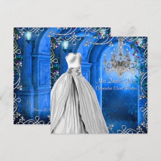 Elegant Zilver Koninklijke Marine Blauwe Quinceane Kaart (Voorkant / Achterkant)