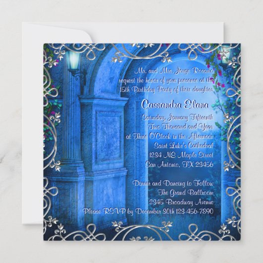 Elegant Zilver Koninklijke Marine Blauwe Quinceane Kaart (Achterkant)