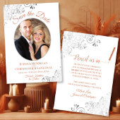 Elegant zilver & koraal op witte trouwfoto save the date