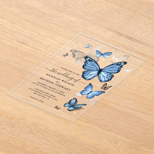 Elegant Zilver Licht Baby Blauwe Vlinder Huwelijk Acryl Uitnodigingen (Laagn)