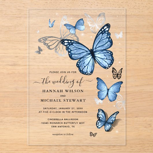 Elegant Zilver Licht Baby Blauwe Vlinder Huwelijk Acryl Uitnodigingen (Voorkant)