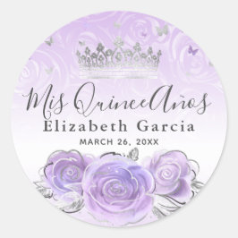 Elegant Zilver Licht Paars Quinceanera Sjabloon Ronde Sticker