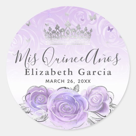 Elegant Zilver Licht Paars Sjabloon Quinceanera Ronde Sticker (Voorkant)