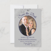 Elegant Zilver & Marine Blauw op Grijze Fotobruilo Save The Date (Voorkant)
