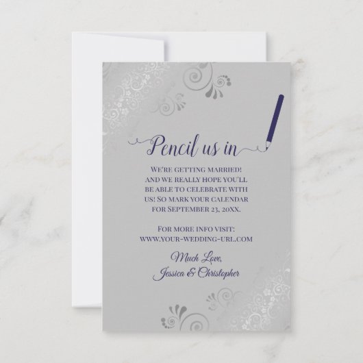 Elegant Zilver & Marine Blauw op Grijze Fotobruilo Save The Date (Achterkant)