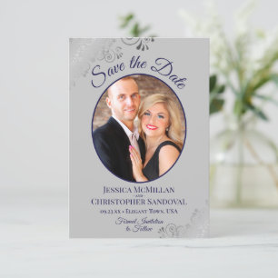Elegant Zilver & Marine Blauw op Grijze Fotobruilo Save The Date