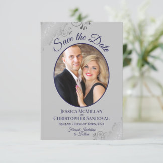 Elegant Zilver & Marine Blauw op Grijze Fotobruilo Save The Date
