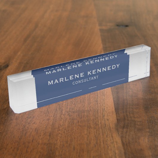 Elegant Zilver Monogram Marine Blauw Acryl Naambordje (Zijkant)