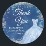 Elegant Zilver Navy Sneeuwvlok Kerstmis 15 Anos Ronde Sticker<br><div class="desc">Elegant Silver Navy Sneeuwvlok Kerst 15 Anos Dank u Sticker</div>