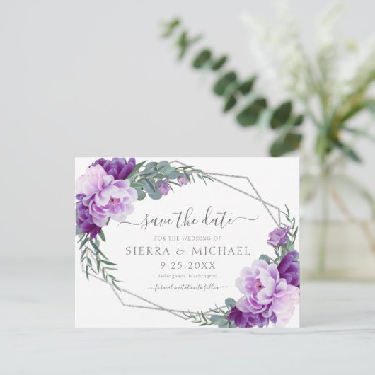 Elegant Zilver Paarse Bloemen Save the Date Bruilo Aankondigingskaart (Staand voorkant)