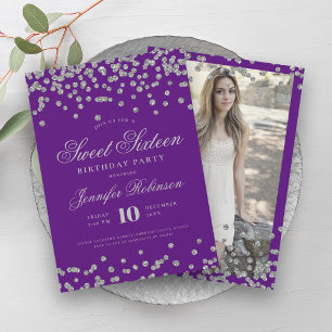Elegant Zilver Paarse Confetti Foto Zoet 16 Kaart