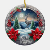 Elegant Zilver Rendier Poinsettia Bloem, Hert 🦌 Keramisch Ornament (Voorkant)