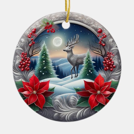 Elegant Zilver Rendier Poinsettia Bloem, Hert 🦌 Keramisch Ornament (Voorkant)