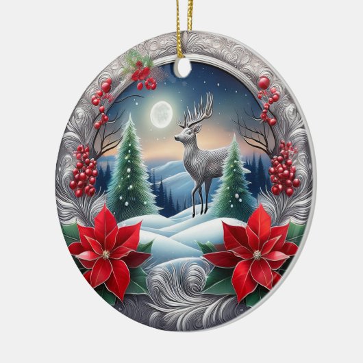 Elegant Zilver Rendier Poinsettia Bloem, Hert 🦌 Keramisch Ornament (Links)