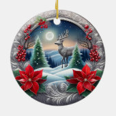 Elegant Zilver Rendier Poinsettia Bloem, Hert 🦌 Keramisch Ornament (Achterkant)