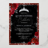 Elegant Zilver Rood Rose Quinceanera Folie Uitnodiging (Voorkant)