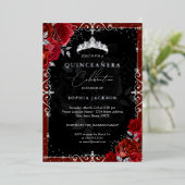 Elegant Zilver Rood Rose Quinceanera Folie Uitnodiging (Staand Voorkant)
