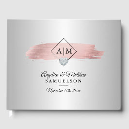 Elegant Zilver Roze Rose Goud Monogrammen Bruiloft Gastenboek