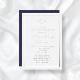 Elegant Zilver Schrift Navy Blauwe Eerste Communie Folie Uitnodiging