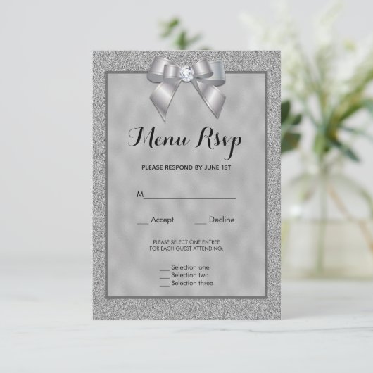 Elegant zilver & stijlvol glitter menu RSVP (Staand voorkant)