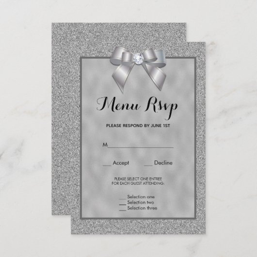 Elegant zilver & stijlvol glitter menu RSVP (Voorkant / Achterkant)