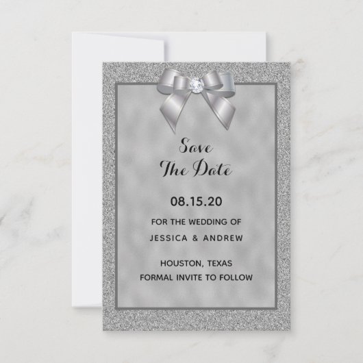 Elegant Zilver & Stijlvolle Glitter Bruiloft Save The Date (Voorkant)