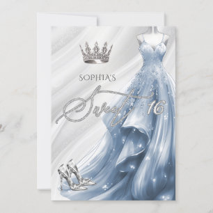 Elegant Zilver Stoffig Blauw Sparkle Jurk Sweet 16 Kaart