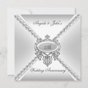 Elegant Zilver Wit 25-jarig Huwelijksjubileum 3 Kaart