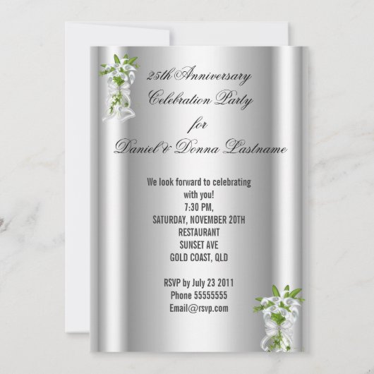 Elegant Zilver Wit Bloem 25-jarig Jubileumfeest Kaart (Achterkant)