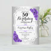 Elegant zilver wit Paarse foto 50e verjaardag Kaart (Staand voorkant)