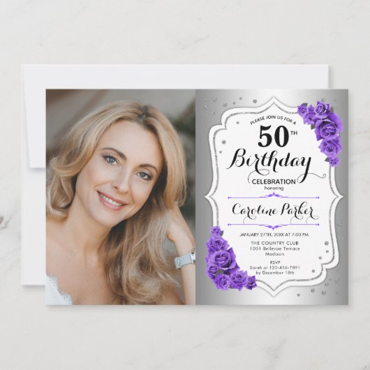 Elegant zilver wit Paarse foto 50e verjaardag Kaart (Voorkant)