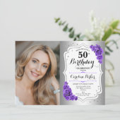 Elegant zilver wit Paarse foto 50e verjaardag Kaart (Staand voorkant)