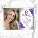Elegant zilver wit Paarse foto 50e verjaardag Kaart<br><div class="desc">Elegante bloemenvrouwelijke 50e verjaardagsuitnodiging met uw foto. Glam ontwerp met faux zilver. Beschikt over paarse rozen,  scriptlettertype en confetti. Perfect voor een stijlvol volwassen feestje. Personaliseer met je eigen gegevens. Kan voor om het even welke leeftijd worden aangepast! Gedrukte Zazzle-uitnodigingen of direct download digitale afdrukbare sjabloon.</div>
