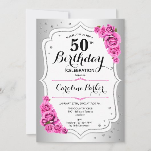 Elegant Zilver Wit Roze Foto 50e Verjaardag Kaart (Voorkant)