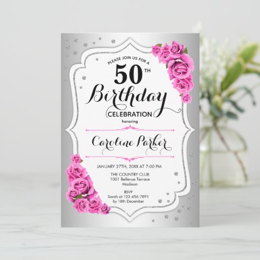 Elegant Zilver Wit Roze Foto 50e Verjaardag Kaart (Staand voorkant)