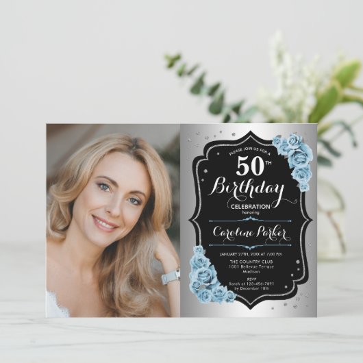 Elegant Zilver Zwart Blauw Foto 50e Verjaardag Kaart (Staand voorkant)
