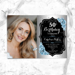 Elegant Zilver Zwart Blauw Foto 50e Verjaardag Kaart<br><div class="desc">Elegante bloemenvrouwelijke 50e verjaardagsuitnodiging met uw foto. Glam ontwerp met faux zilver. Beschikt over licht stoffige blauwe rozen,  script lettertype en confetti. Perfect voor een stijlvol volwassen feestje. Personaliseer met je eigen gegevens. Kan voor om het even welke leeftijd worden aangepast! Gedrukte Zazzle-uitnodigingen of direct download digitale afdrukbare sjabloon.</div>