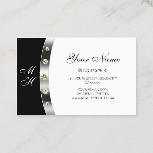 Elegant Zilver Zwart en Wit Monogram Diamanten Visitekaartje (Achterkant)