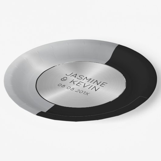 Elegant zilver & zwart geometrisch ontwerp papieren bordje (Gekanteld)