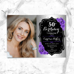 Elegant Zilver Zwart Paarse Foto 50e Verjaardag Kaart<br><div class="desc">Elegante bloemenvrouwelijke 50e verjaardagsuitnodiging met uw foto. Glam ontwerp met faux zilver. Beschikt over paarse rozen,  scriptlettertype en confetti. Perfect voor een stijlvol volwassen feestje. Personaliseer met je eigen gegevens. Kan voor om het even welke leeftijd worden aangepast! Gedrukte Zazzle-uitnodigingen of direct download digitale afdrukbare sjabloon.</div>