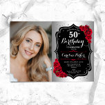 Elegant Zilver Zwart Rood Rozen Foto 50e Verjaarda Kaart<br><div class="desc">Elegante bloemenvrouwelijke 50e verjaardagsuitnodiging met uw foto. Glam ontwerp met faux zilver. Beschikt over rode rozen,  script lettertype en confetti. Perfect voor een stijlvol volwassen feestje. Personaliseer met je eigen gegevens. Kan voor om het even welke leeftijd worden aangepast! Gedrukte Zazzle-uitnodigingen of direct download digitale afdrukbare sjabloon.</div>