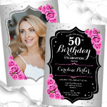 Elegant Zilver Zwart Roze Foto 50e Verjaardag Kaart<br><div class="desc">Elegante bloemenvrouwelijke 50e verjaardagsuitnodiging met je foto aan de achterkant van de kaart. Glam ontwerp met faux zilver. Beschikt over roze rozen, script lettertype en confetti. Perfect voor een stijlvol volwassen feestje. Personaliseer met je eigen gegevens. Kan voor om het even welke leeftijd worden aangepast! Gedrukte Zazzle-uitnodigingen of direct download...</div>