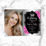 Elegant Zilver Zwart Roze Foto 50e Verjaardag Kaart<br><div class="desc">Elegante bloemenvrouwelijke 50e verjaardagsuitnodiging met uw foto. Glam ontwerp met faux zilver. Beschikt over roze rozen,  script lettertype en confetti. Perfect voor een stijlvol volwassen feestje. Personaliseer met je eigen gegevens. Kan voor om het even welke leeftijd worden aangepast! Gedrukte Zazzle-uitnodigingen of direct download digitale afdrukbare sjabloon.</div>