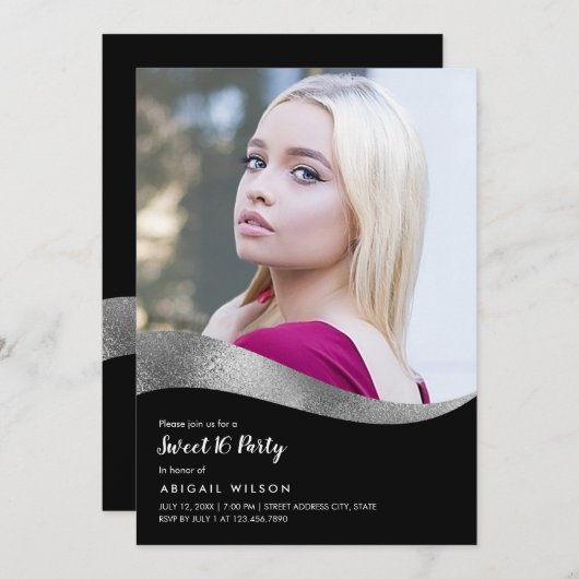 Elegant zilver zwart zoet zestien verjaardagsfeest kaart (Voorkant / Achterkant)